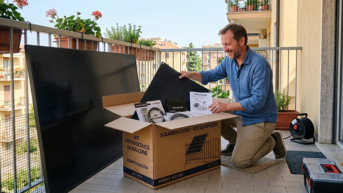 Un cliente apre il kit fotovoltaico da balcone sul proprio balcone